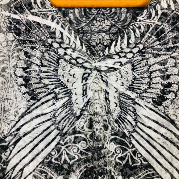 One World Abstract Blouse Sz Large Butterfly Pattern Studded Black White - Picture 3 of 8